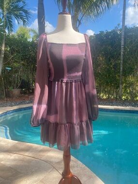 Wilfred Mauve Tie-Dye Smocked Long Sleeve Mini Dress